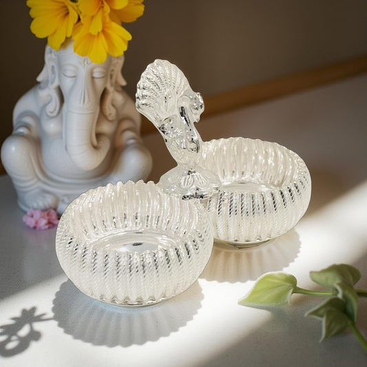 Silver Two Cup Peacock KumKum Box