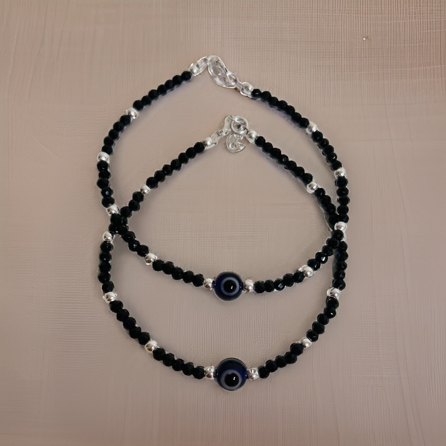 Shradha Silver Black Bead Nazria Evil Eye Bracelet-Anklet 7.5 Inches