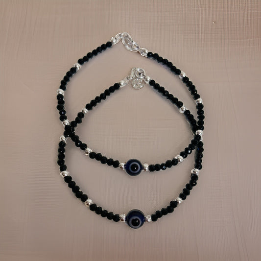 Shradha Silver Black Bead Nazria Evil Eye Bracelet-Anklet 7.5 Inches