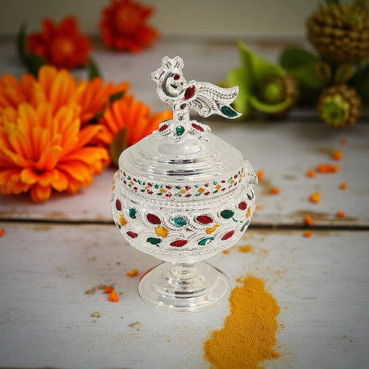 Silver Peacock Sindoor Box