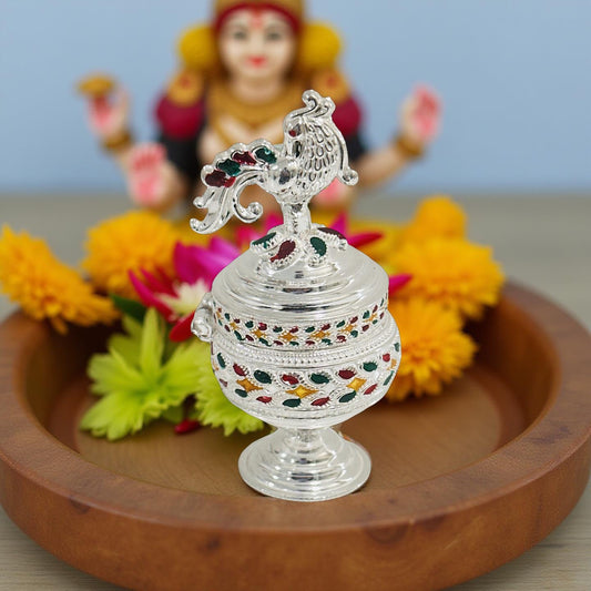 Silver Peacock Enamel Sindoor Box
