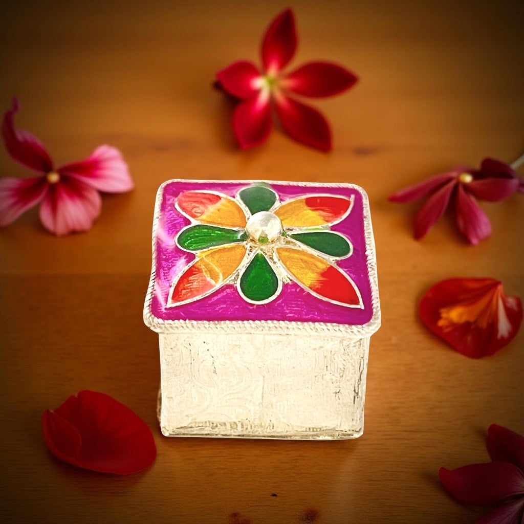 Silver Enamel Square KumKum Box