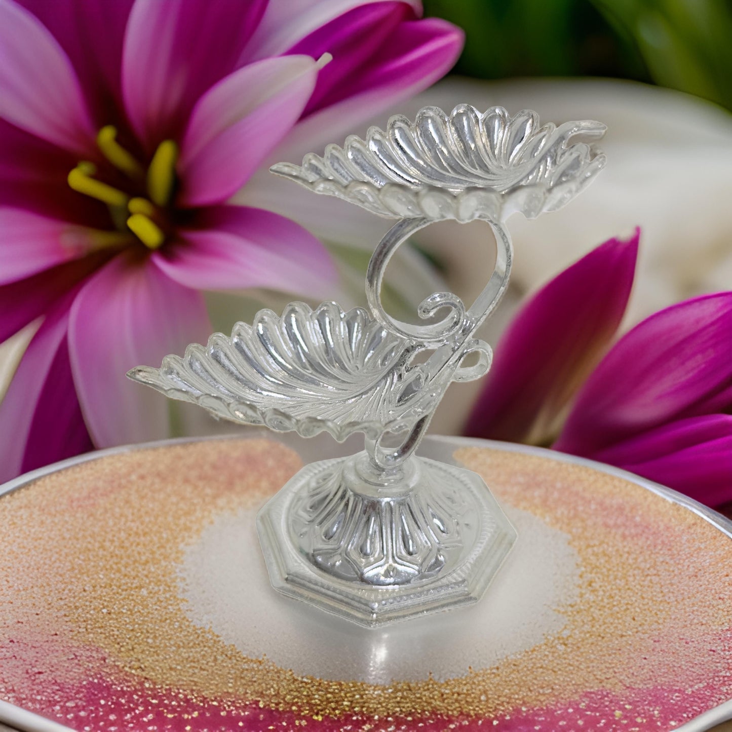 Silver Leaf Deepam/Haladi KumKum Holder