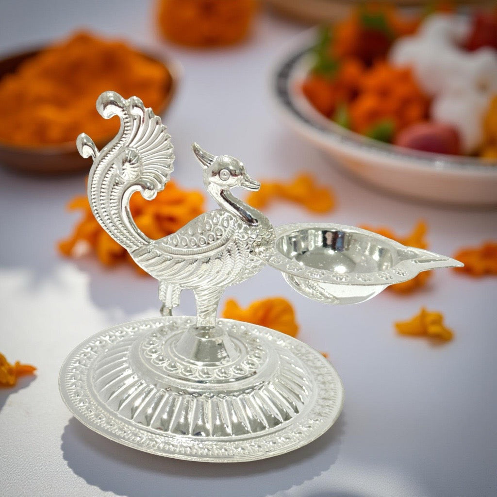 925 Silver Peacock Diya 2.75 Inches