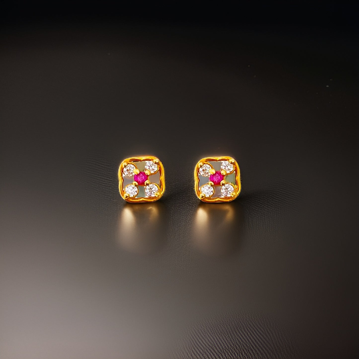 18KT Gold Pink-White Square Stone Stud Earrings.