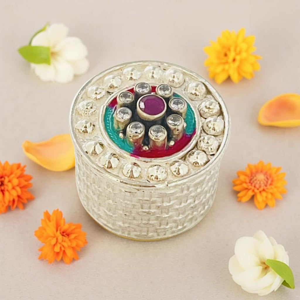 Silver Stone Work Round KumKum box