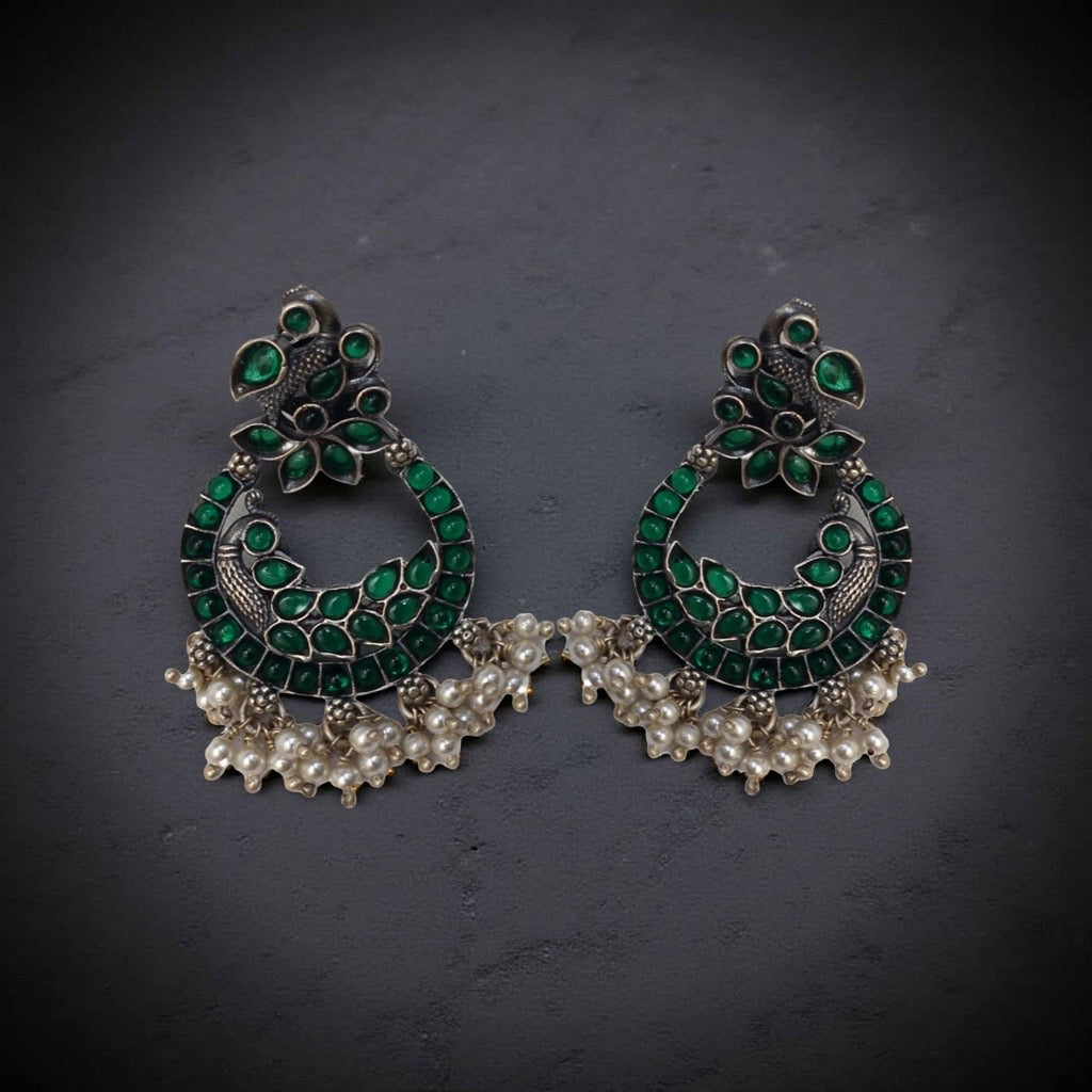 Oxidized 925 Silver Chandbali Pearl Drop Earrings