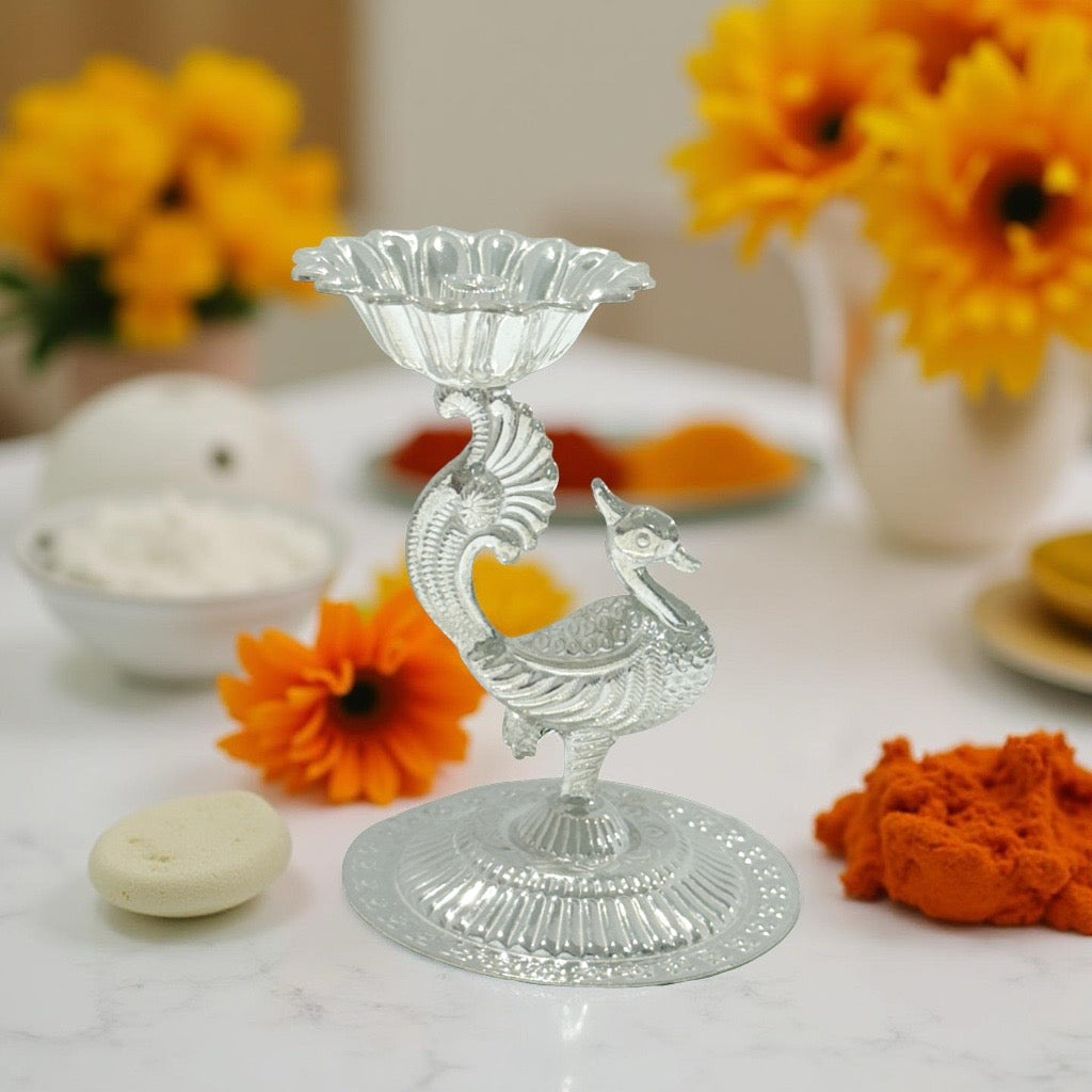 925 Silver Peacock Diya 2.75 Inches