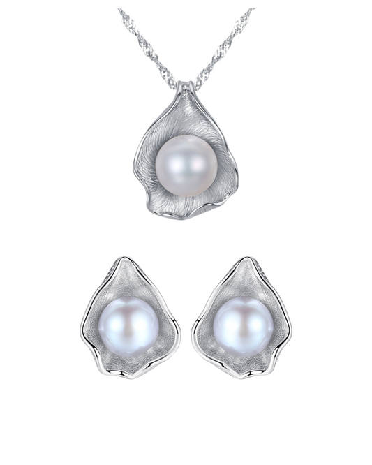 Rhodium Plated On 925 Sterling Silver Pearlet Necklace and Earrings Set