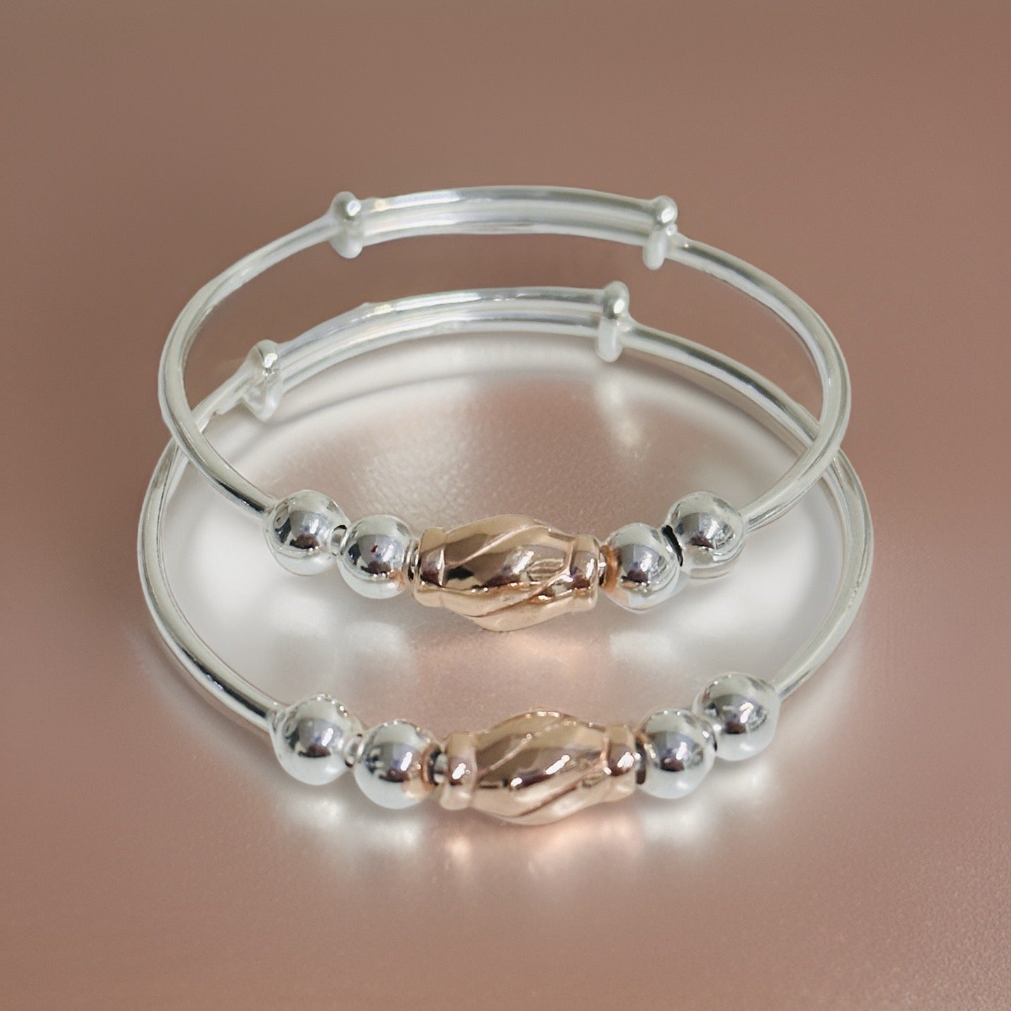 Silver Adjustable Rose Gold bead Baby Bangle