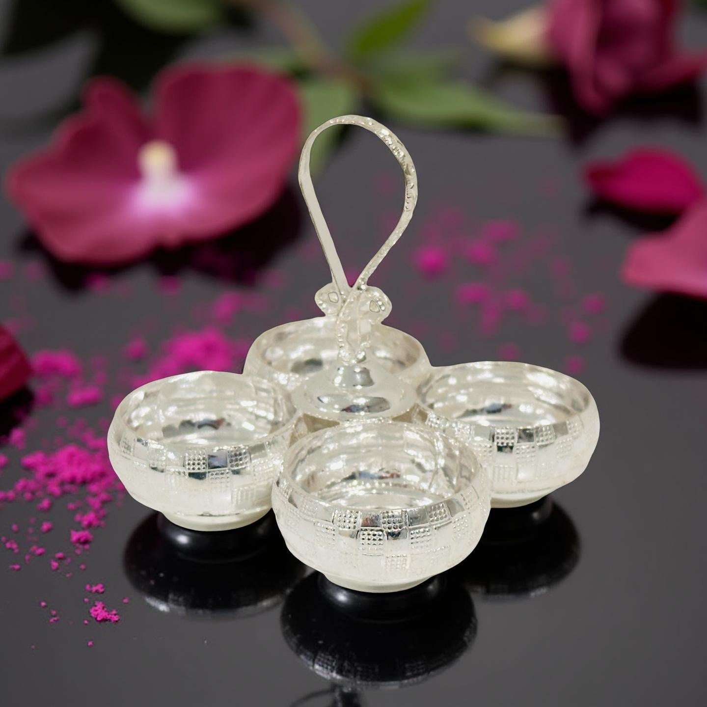 Silver Four Checked Cup KumKum Holder