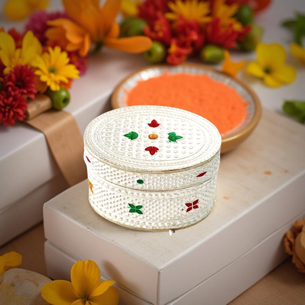 Silver Oval Enamel KumKum Box