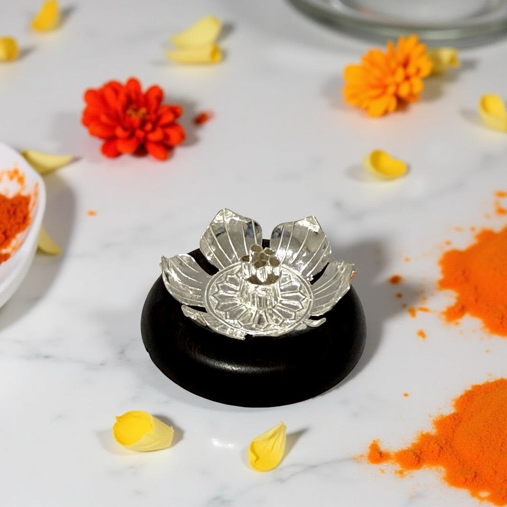 Silver Lotus Wooden Agarbathi Holder - 2 nches