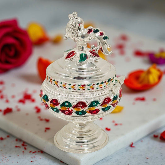 Silver Peacock Enamel Haldi KumKum Box