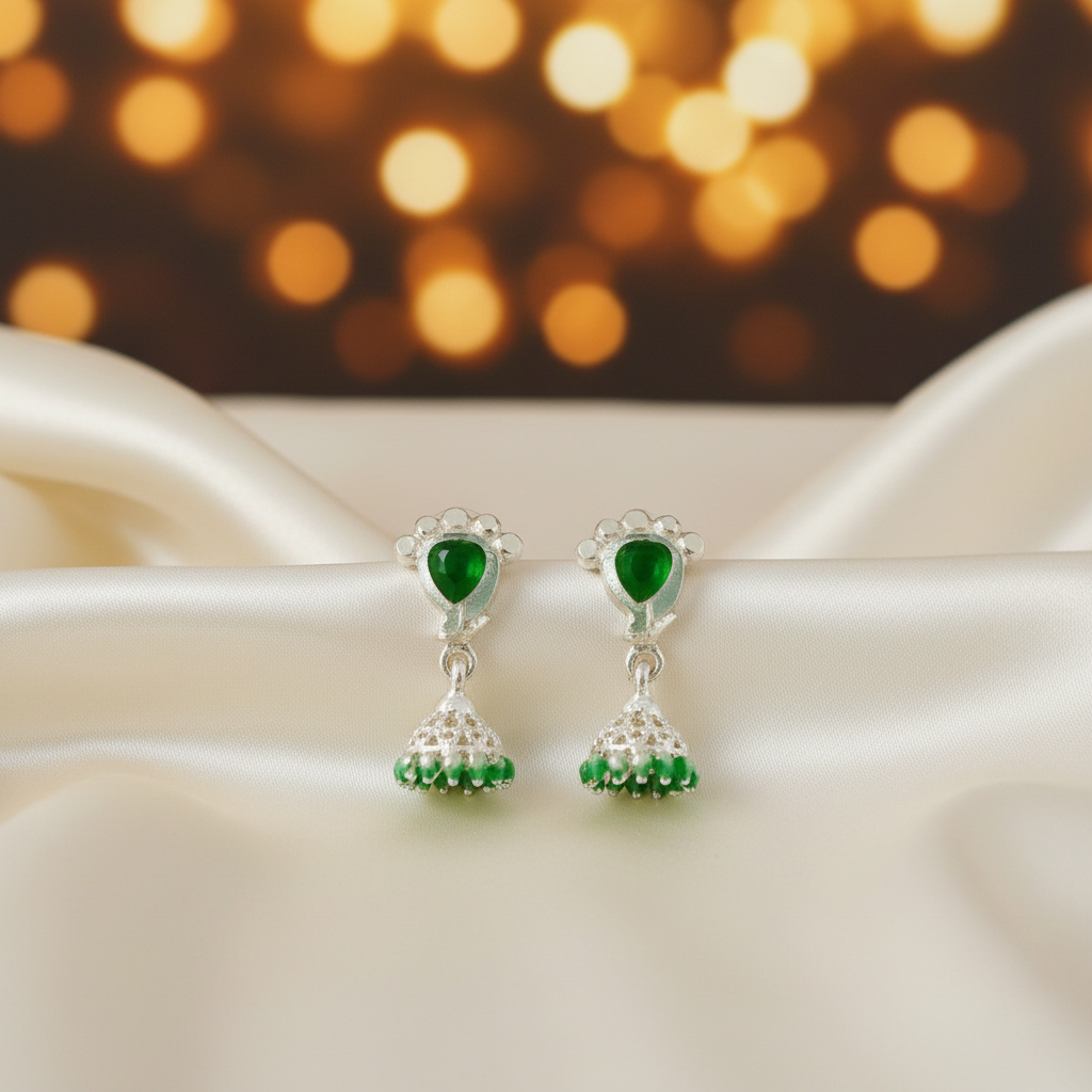 Silver Screw Back Tiny Jumkha Earrings - Green