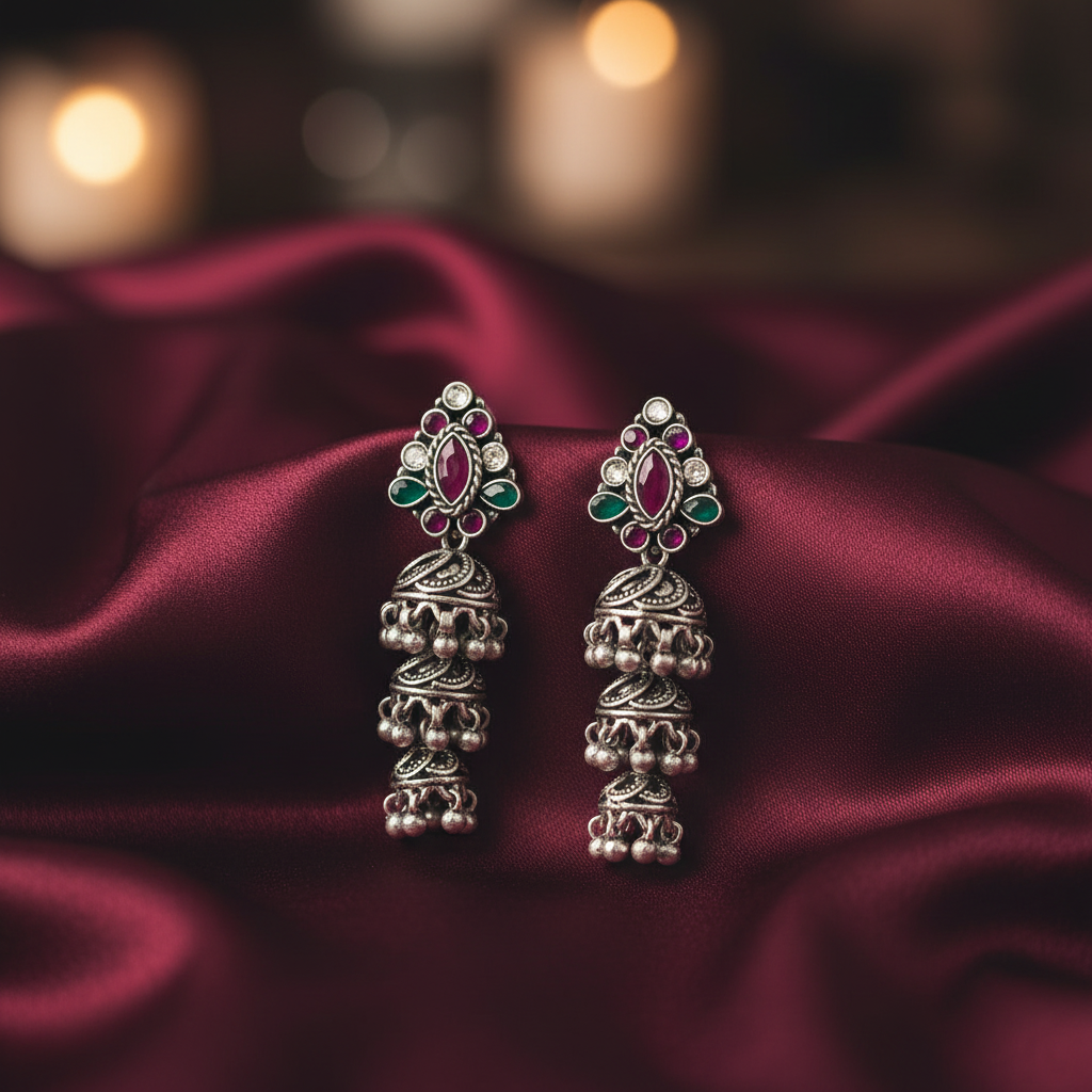925 Silver Oval Three Tier Kundan Jumkha Earrings