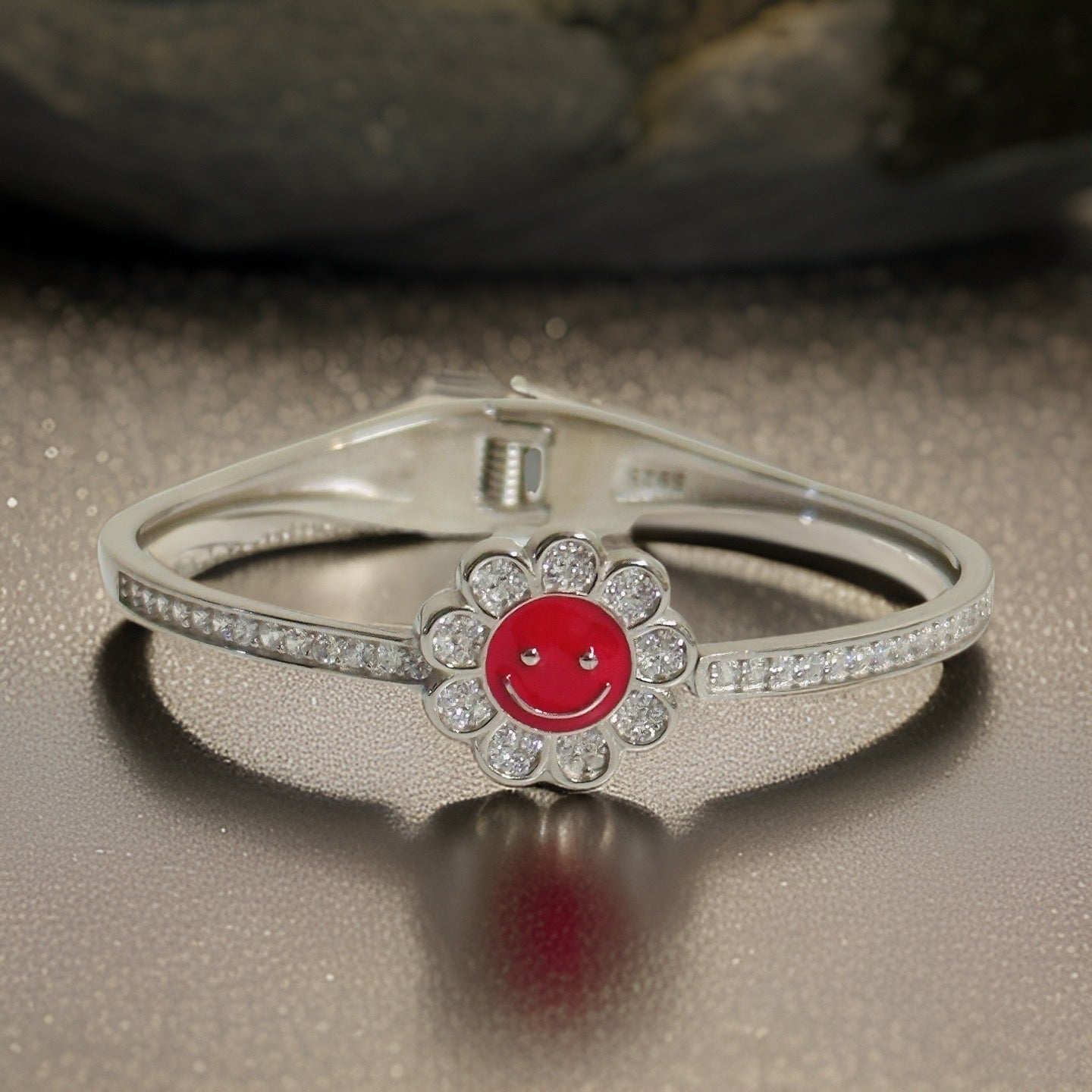 Silver Openable Smiley Red Flower Kids Bangle