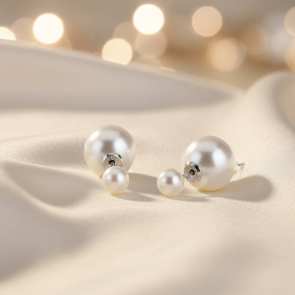 Silver Round Pearl Double Stud Earrings