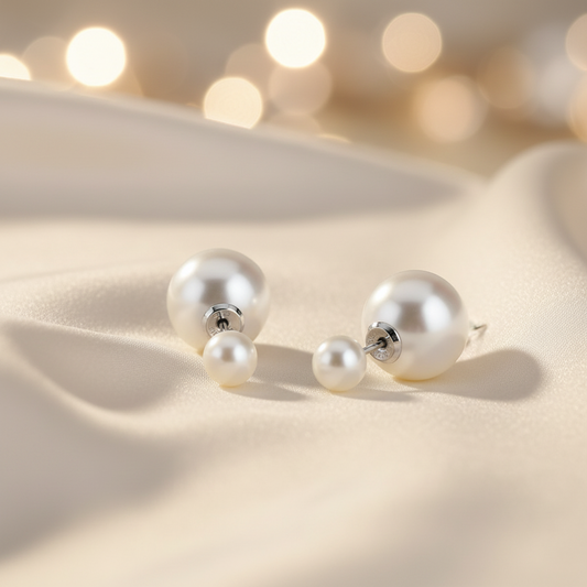Silver Round Pearl Double Stud Earrings