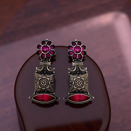 Oxidized 925 Silver Floral Earrings