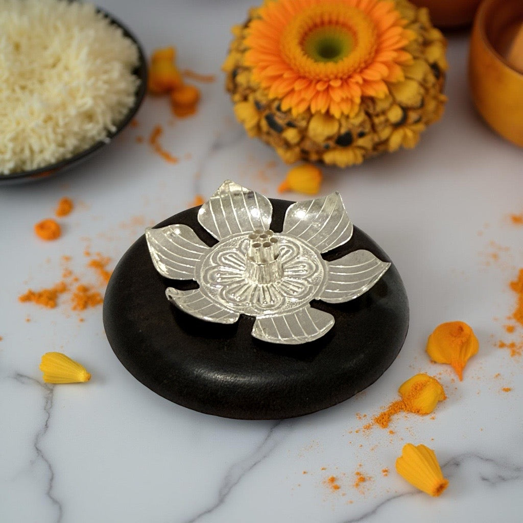 Silver Lotus Wooden Agarbathi Holder - 2.75 inches