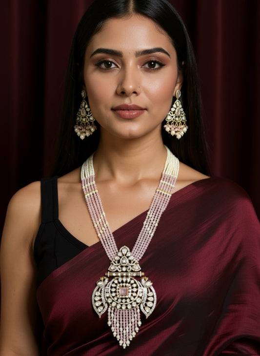 Pink Crystal Victorian Long Necklace and Earrings Set