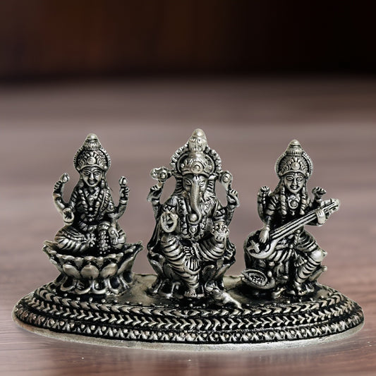 Antique Silver Ganesh-Lakshmi-Saraswati Idol