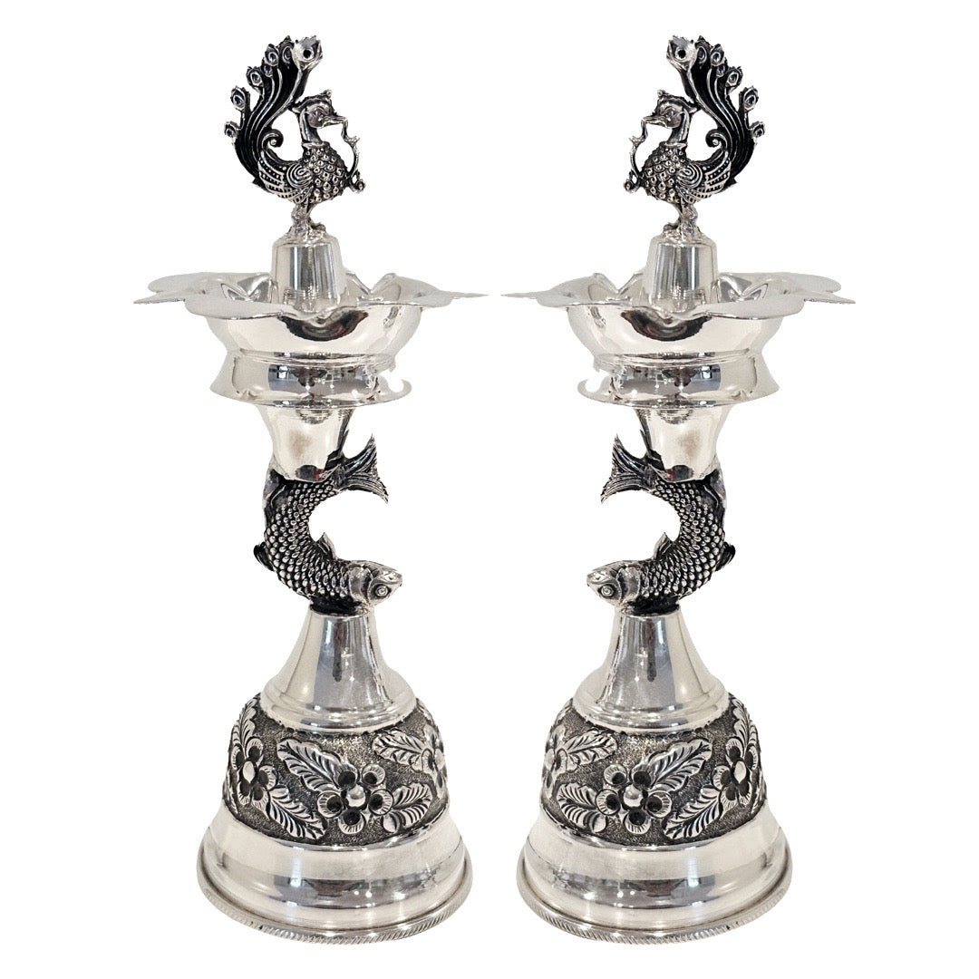 925 Silver Antique Fish Deepam 7 inches