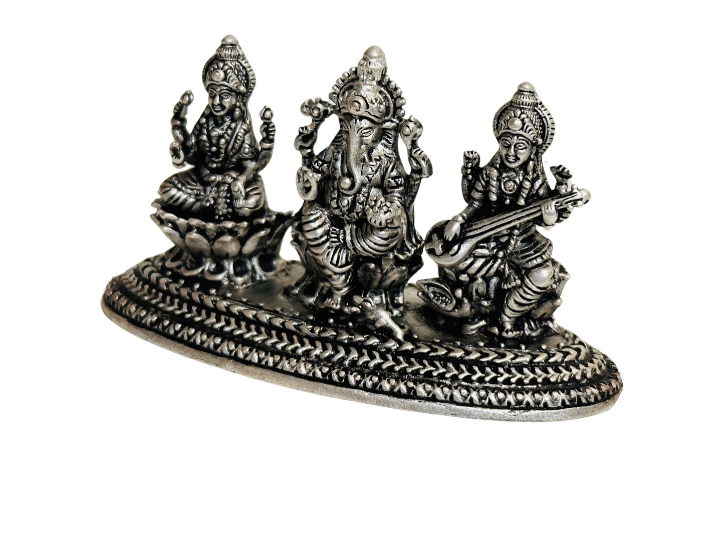 Antique Silver Ganesh-Lakshmi-Saraswati Idol
