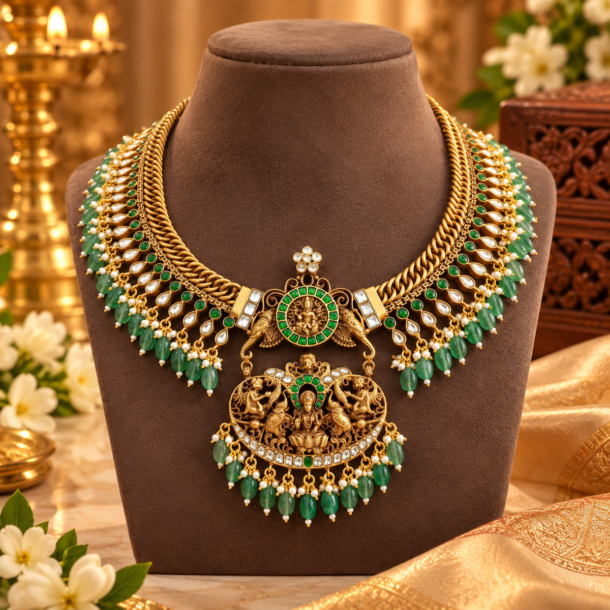 Amarta 925 Silver Antique Gold Finish Lakshmi Temple Necklace with Green Beads