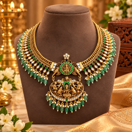 Amarta 925 Silver Antique Gold Finish Lakshmi Temple Necklace with Green Beads