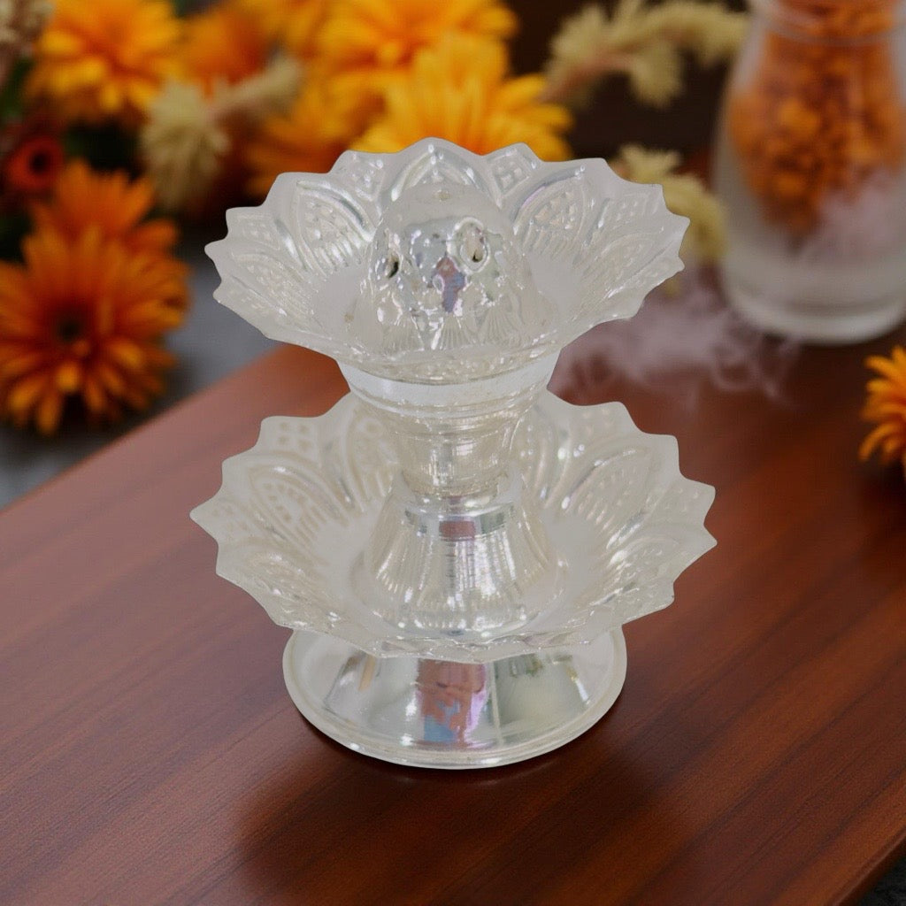 Silver Two Lotus Agarbathi Stand 2.1 Inches