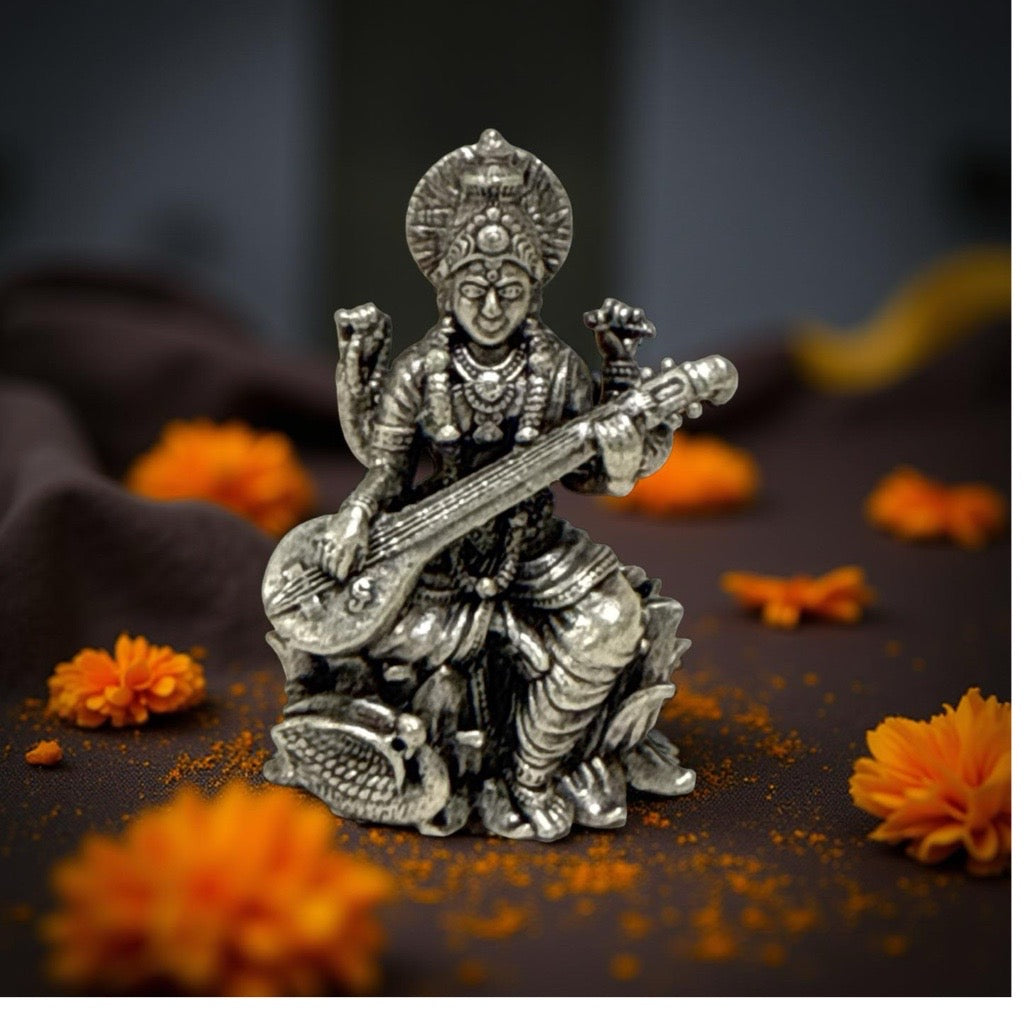 925 Silver Antique Saraswati 3D Idol- 1.3 inches