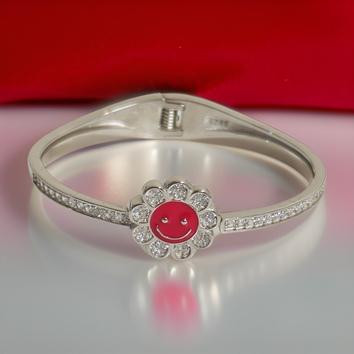 Silver Openable Smiley Red Flower Kids Bangle