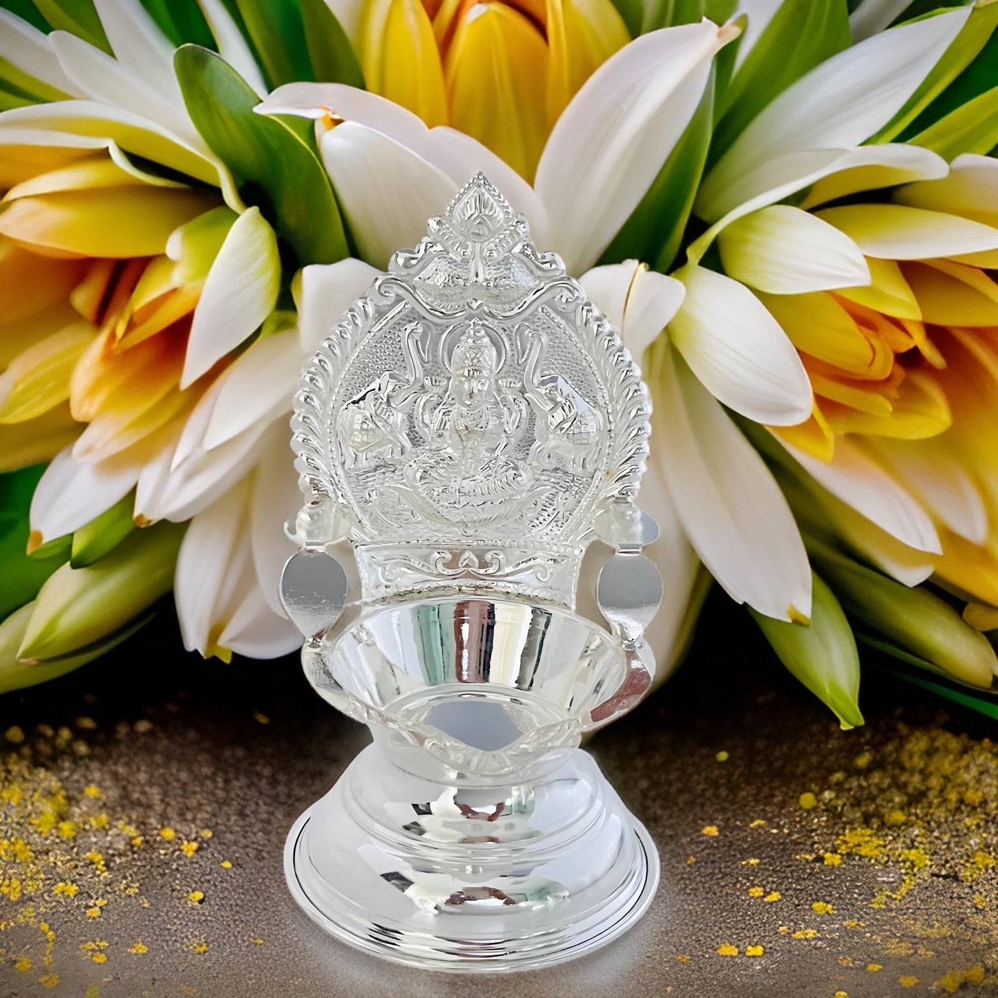 Silver Gajalakshmi-Kamakshi Deepam 3.4 Inches