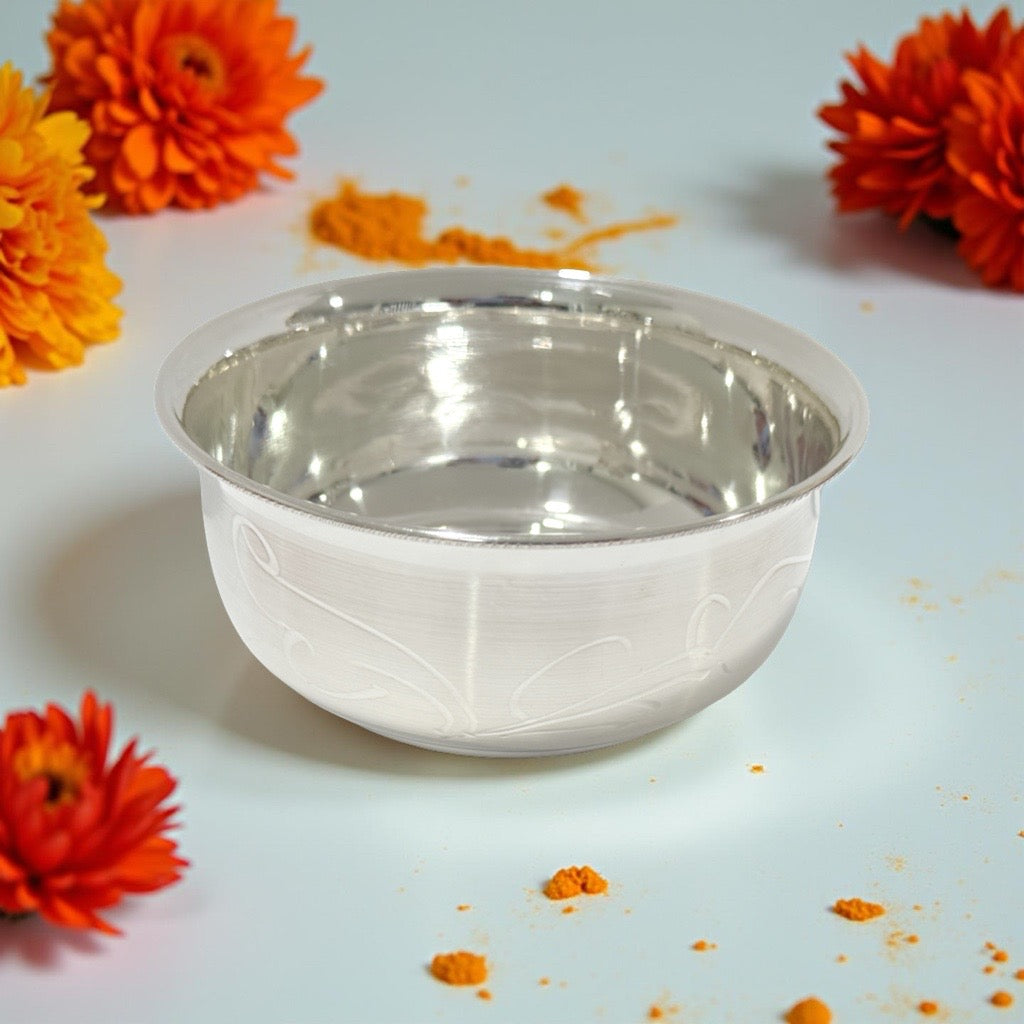 Swati Silver Plain Engraved Bowl- 4.1 Inches