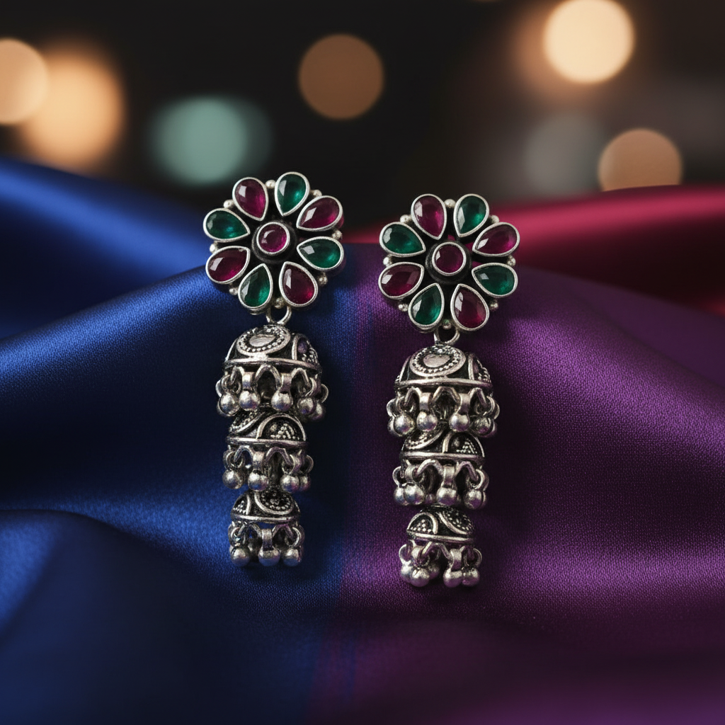 925 Silver Round Kundan Three Tier Jumkha Earrings