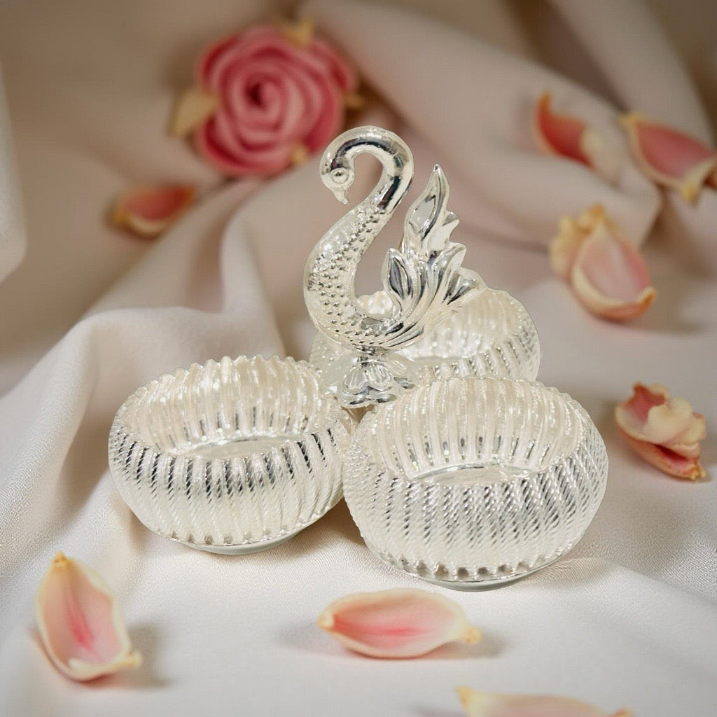Silver Three Cup Peacock KumKum Box