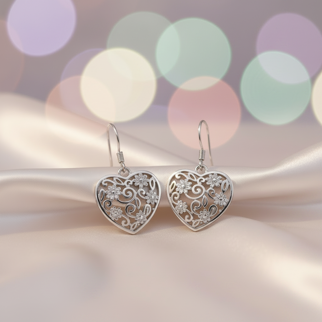  Silver Flowered Heart Hook Earrings