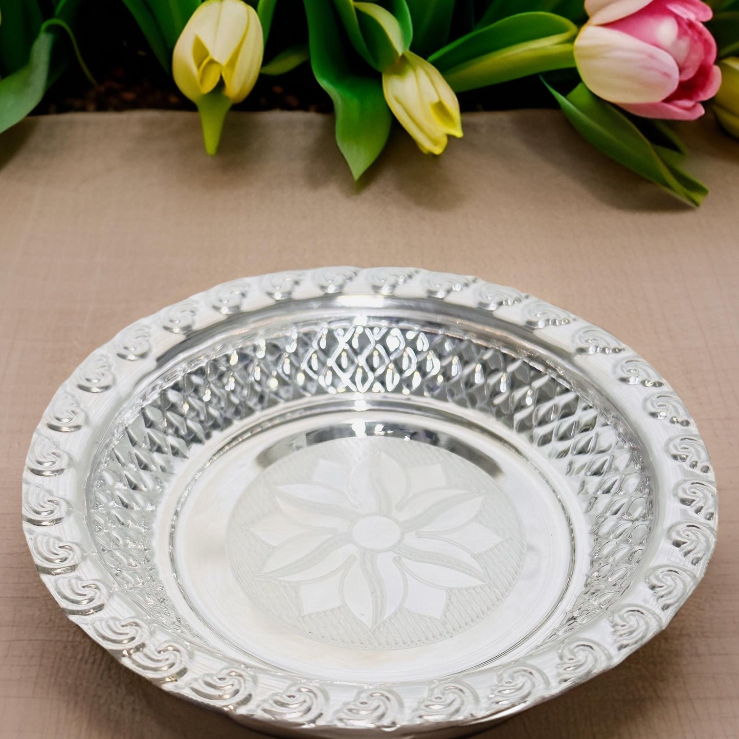 Silver Engraved Pooja Plate 4.3 inches