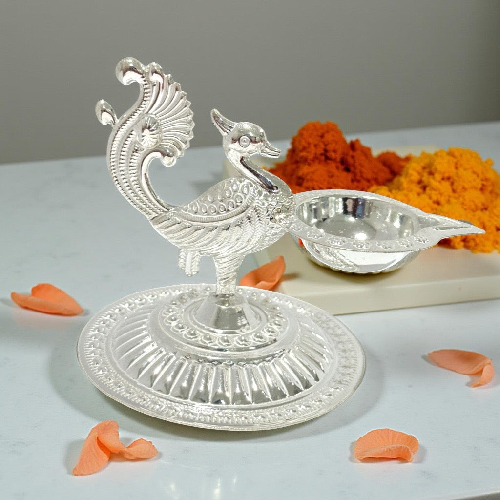 925 Silver Peacock Diya 2.75 Inches