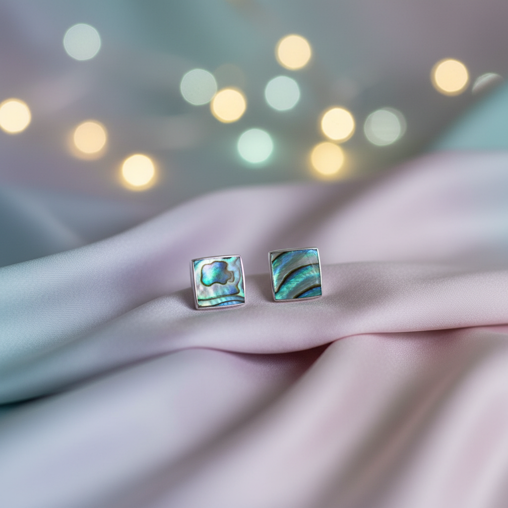Silver Square Abalone Shell Stud Earrings