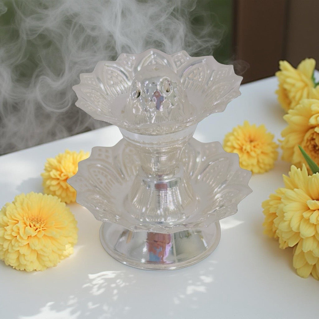 Silver Two Lotus Agarbathi Stand 2.1 Inches