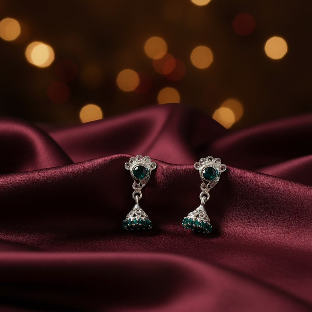 Silver Screw Back Tiny Jumkha Earrings - Dark Green
