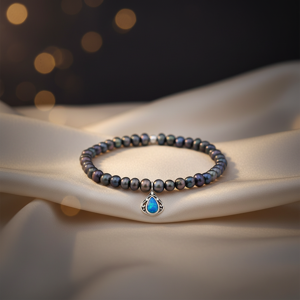 Silver Hamsa Bracelet with Fresh Water Pearl and Opal