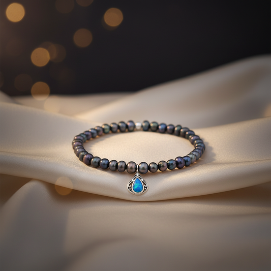 Silver Hamsa Bracelet with Fresh Water Pearl and Opal