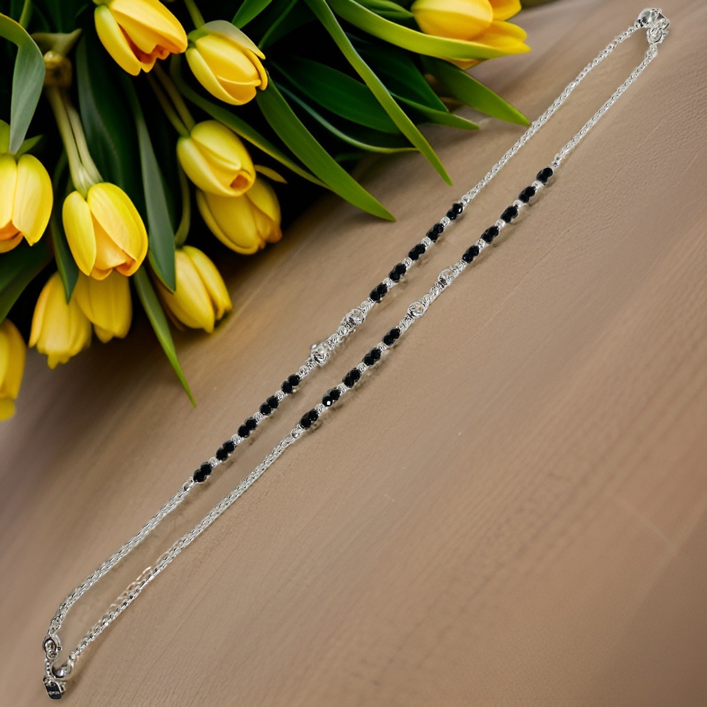 925 Silver Emma Black Bead Nazria Anklet 10+1.5 inches
