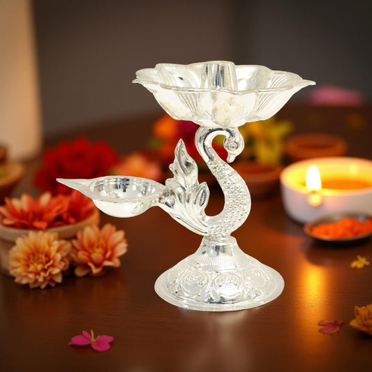 Deetya  Fancy Peacock Silver Diya