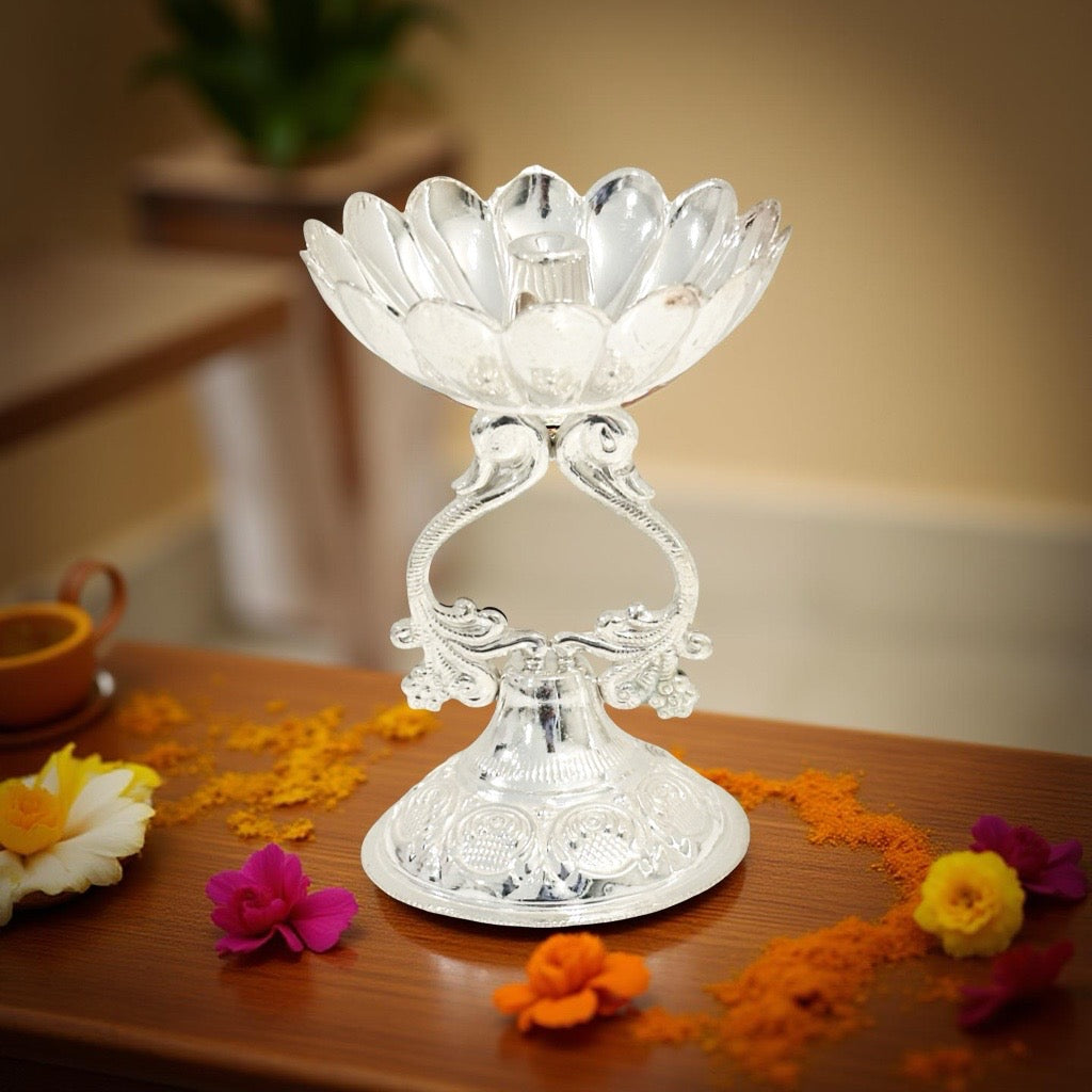 Bhagyashri  Fancy Peacock Silver Diya