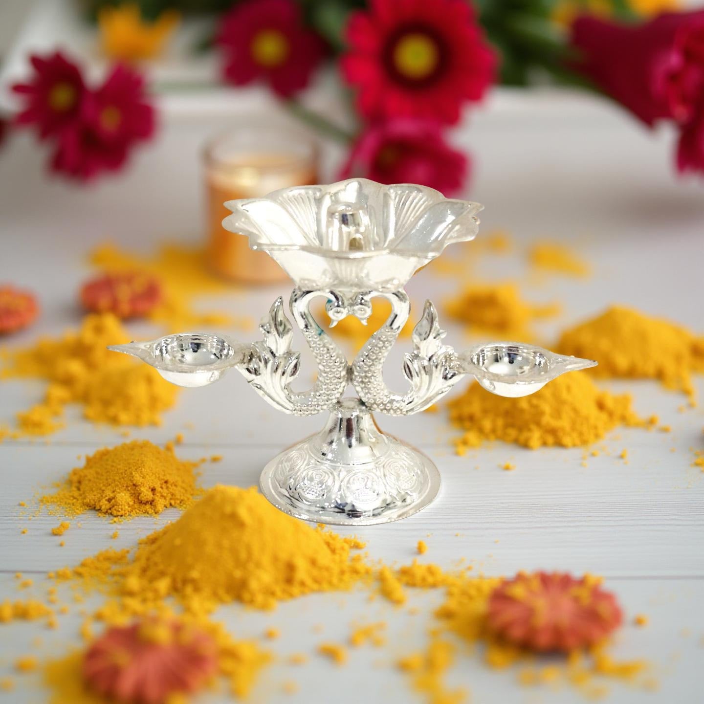 Aarna  Fancy Peacock Silver Diya